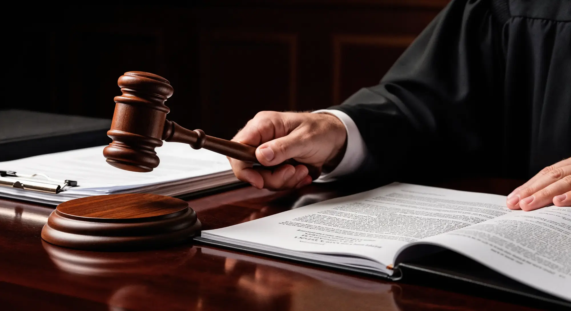 Judge holding gavel during Canadian immigration admissibility hearing with legal documents