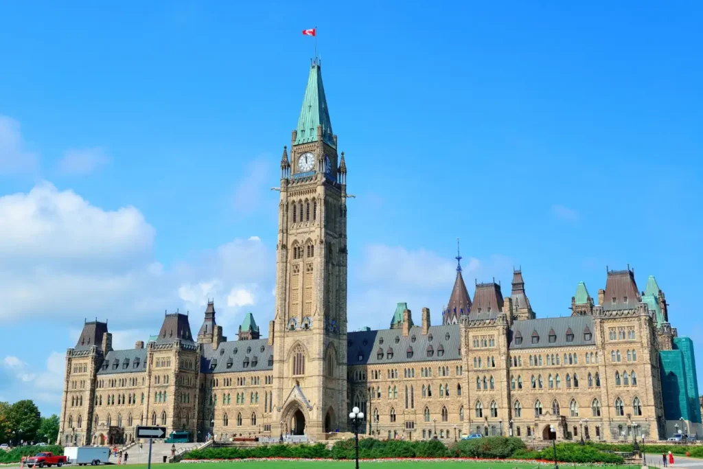 Parliament Hill building in Ottawa, Canada, under a clear blue sky" Let me know if you want variations focused on tourism, architecture, or education.