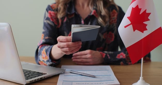 woman holding passport with canada visa application form on desk