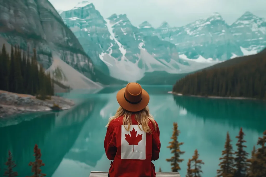 Woman wearing a Canadian flag jacket overlooking Moraine Lake, symbolizing Canadian citizenship journey