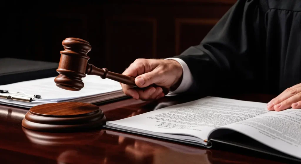 Judge with gavel reviewing legal documents related to refugee appeal process in Canada