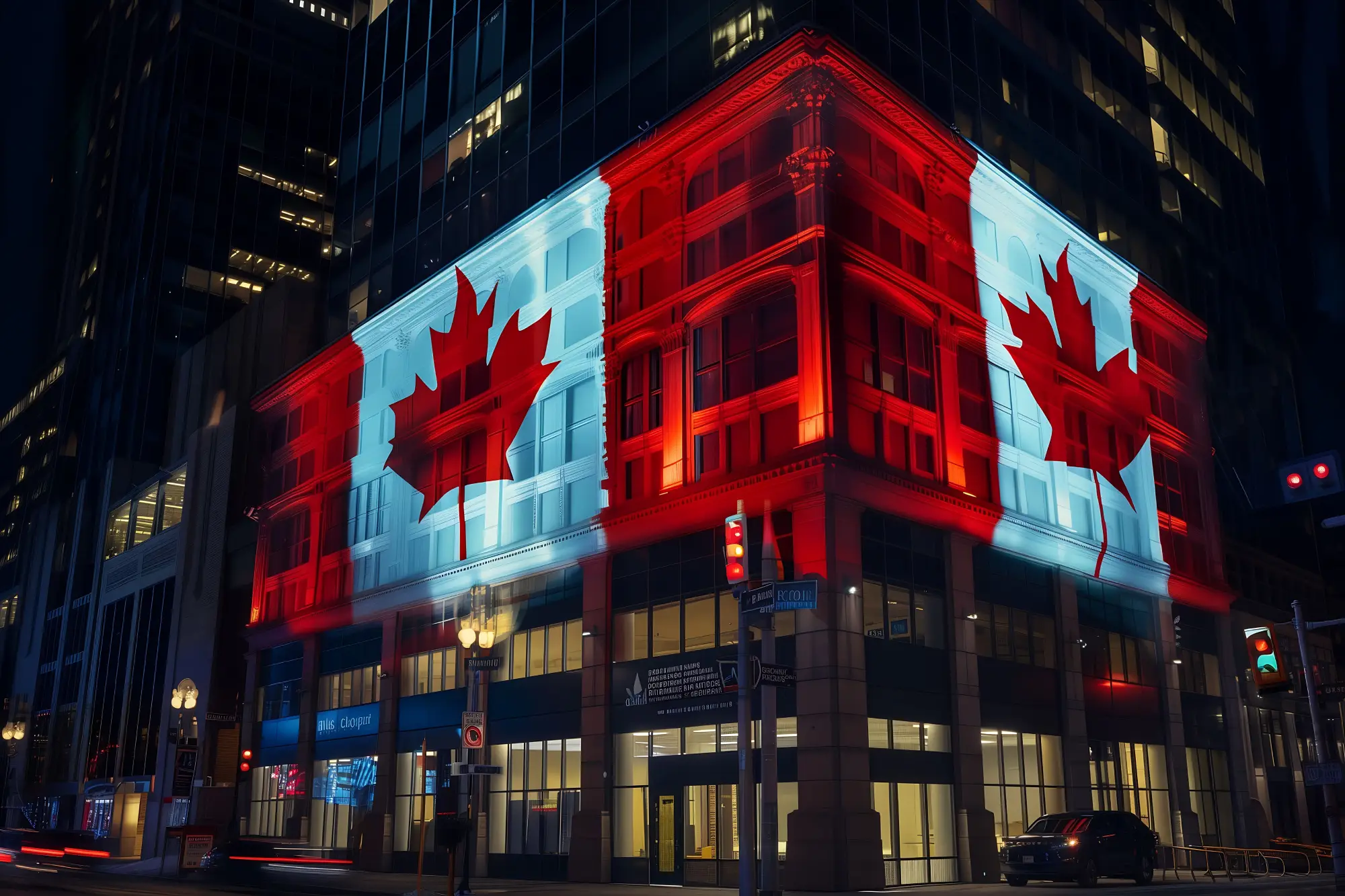 Canadian flag projected on a building at night in Alberta, a province known for hosting major film and TV productions like Interstellar, The Last of Us, and Fargo.