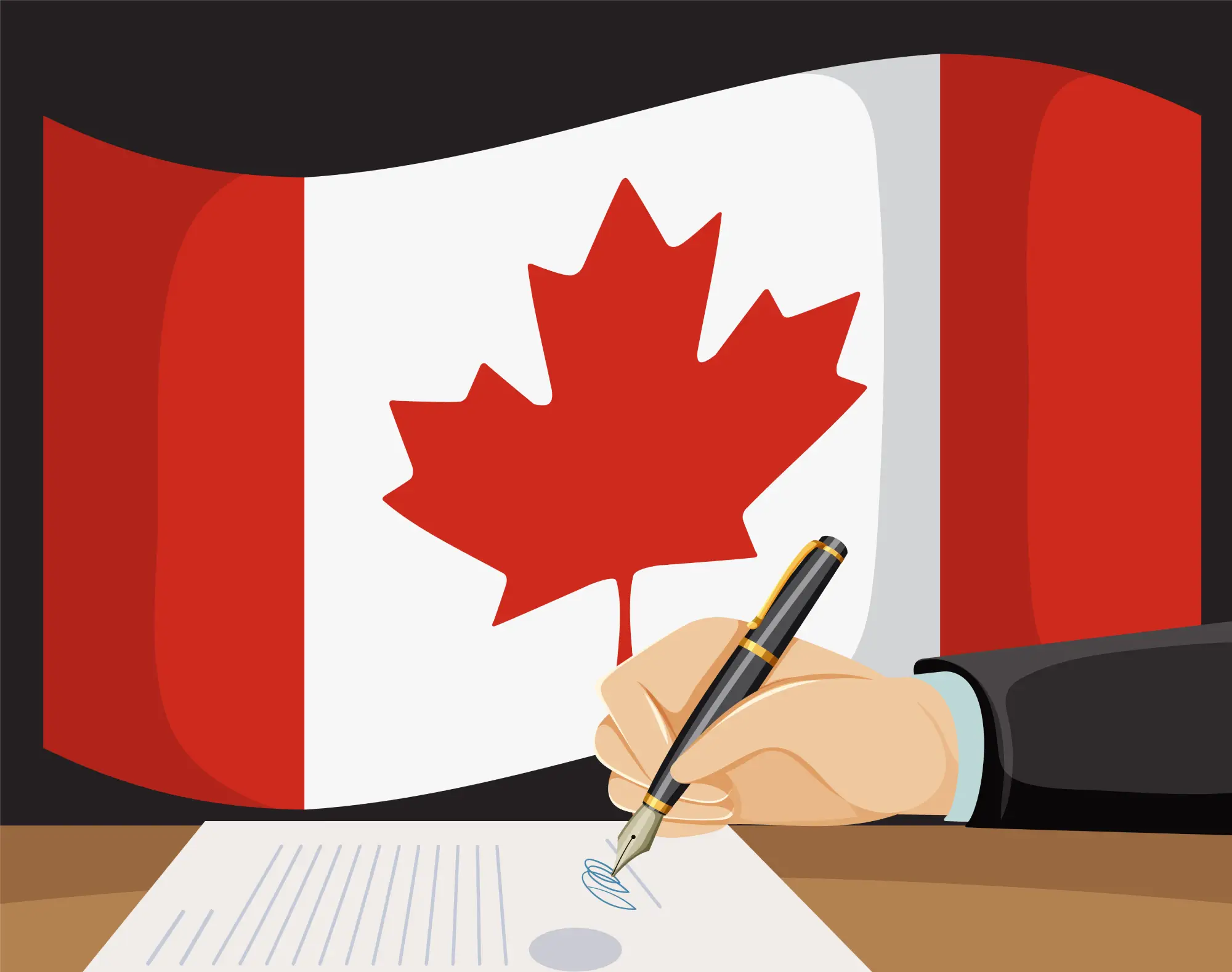 Illustration of signing official immigration agreement with Canadian flag in background
