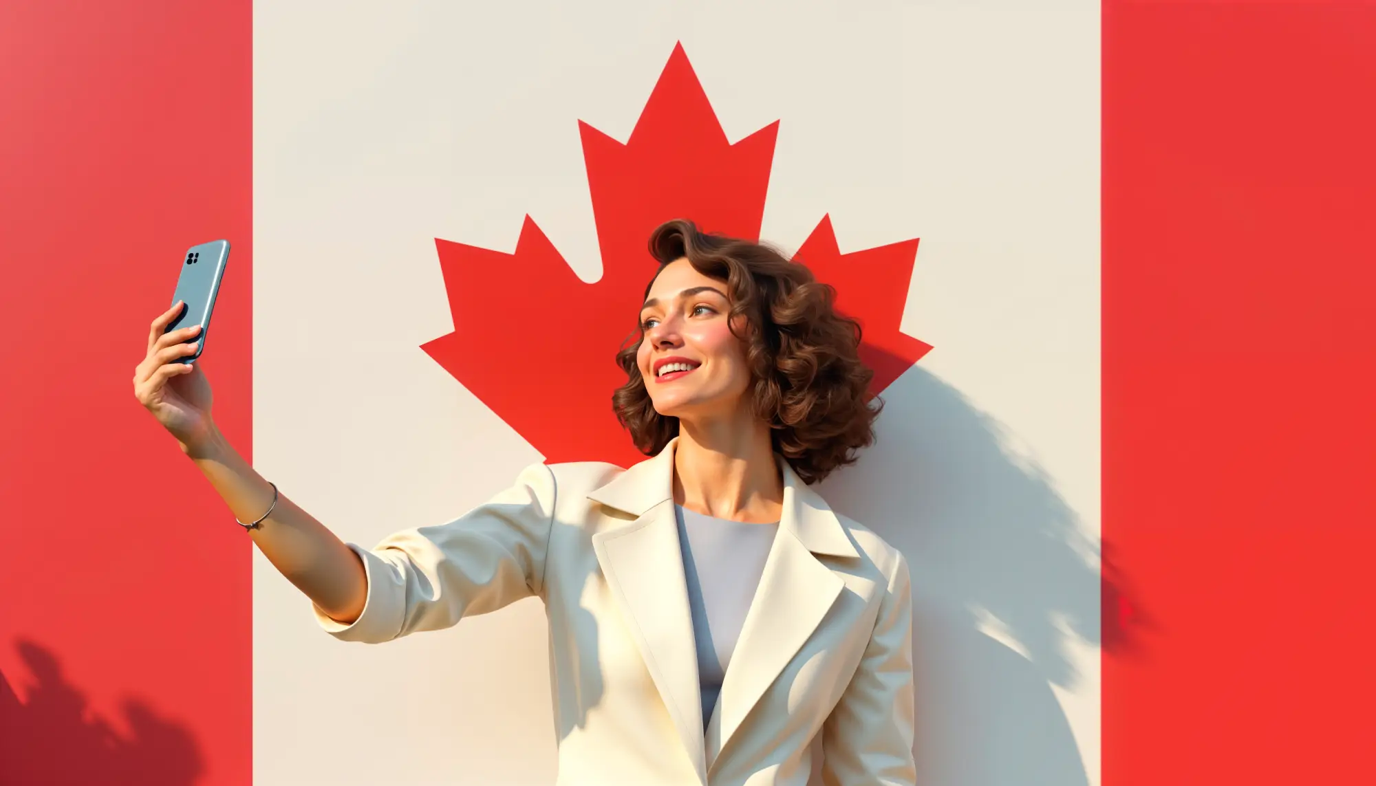 Woman taking selfie in front of Canadian flag representing immigration appeal eligibility