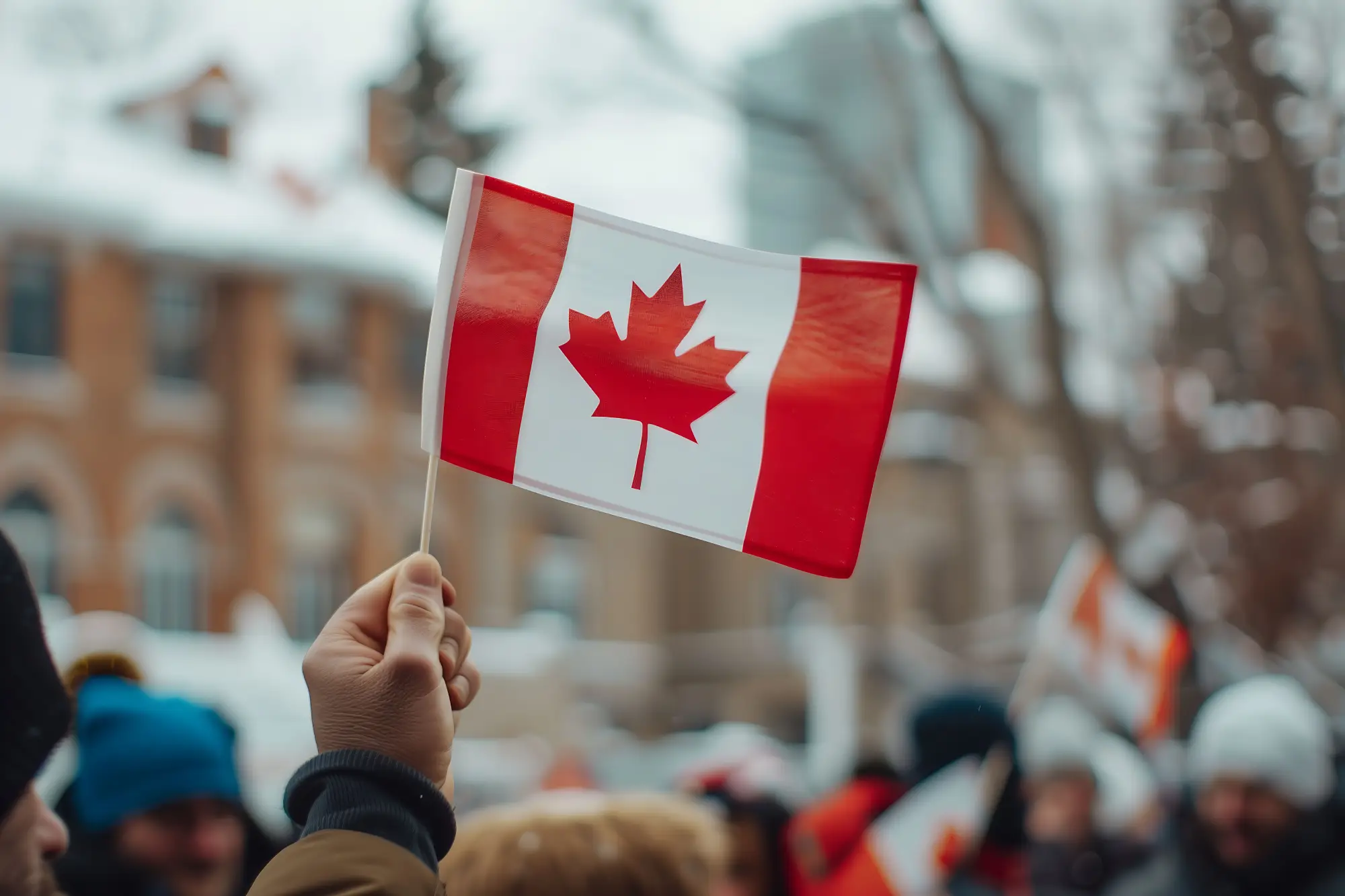 Hand holding Canadian flag during public gathering, symbolizing immigration status restoration in Canada