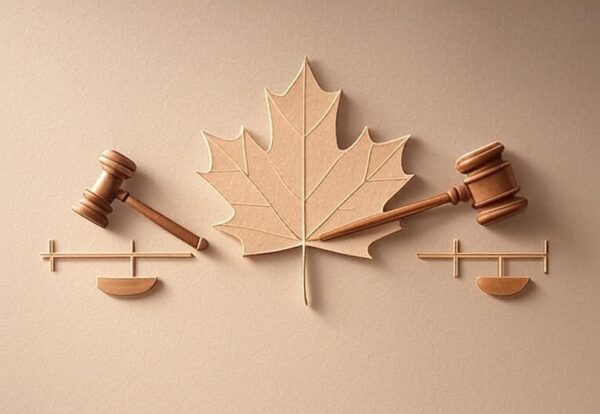Image of the Canadian flag and two hammers