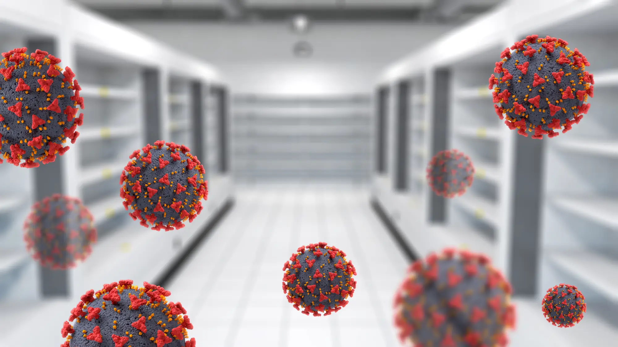 3D rendering of COVID-19 virus particles over a blurred background, representing eased Canada–US land border restrictions for fully vaccinated travelers starting November 8