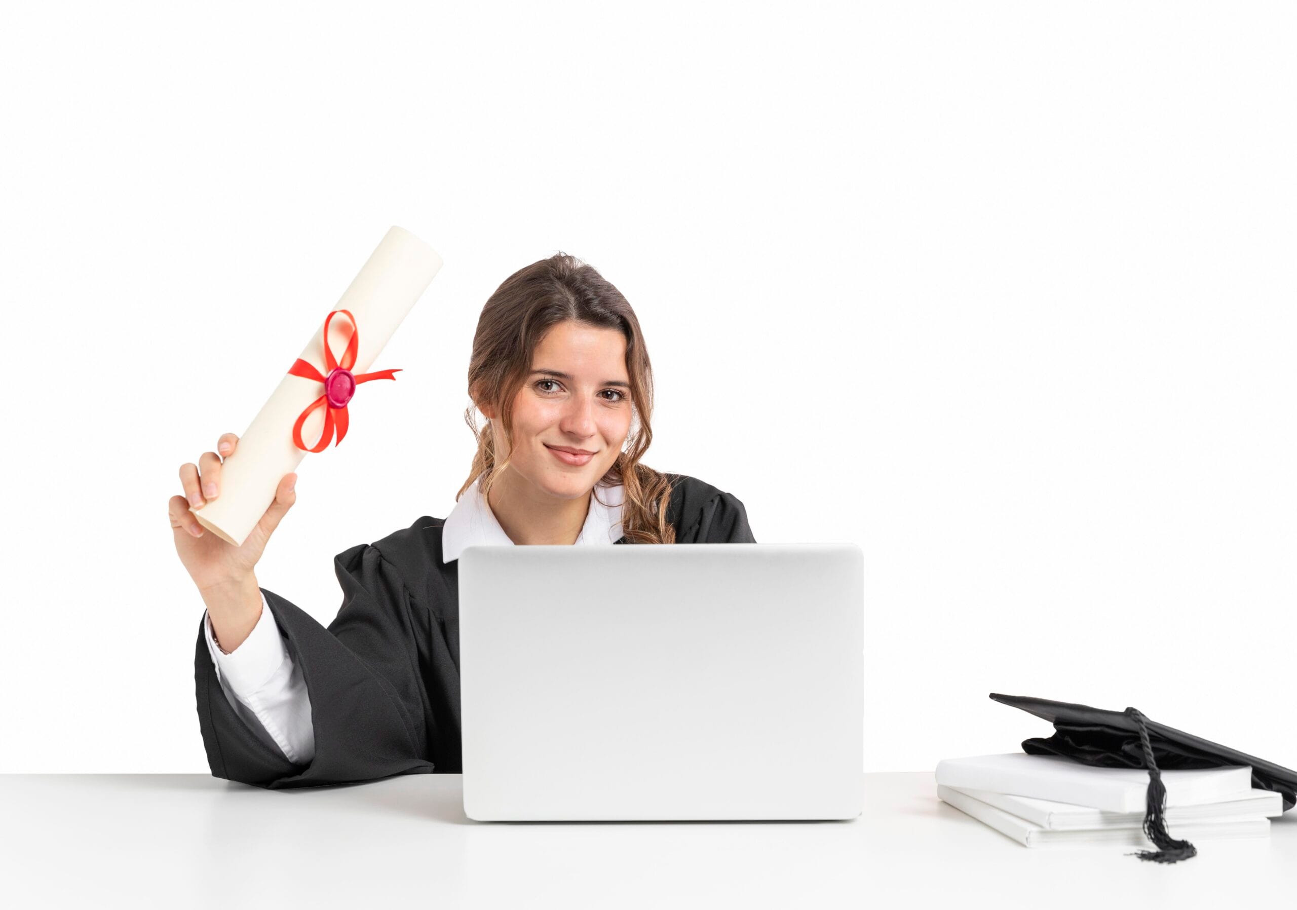 Female graduate holding diploma and using laptop, related to changing universities between provinces in Canada