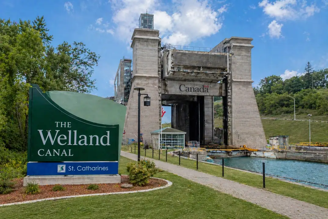 “Welland Canal lock system in St. Catharines showing large ship lift structure and waterway”