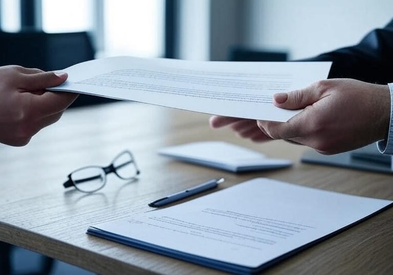 Photo of two men's hands on a table giving a slip of paper