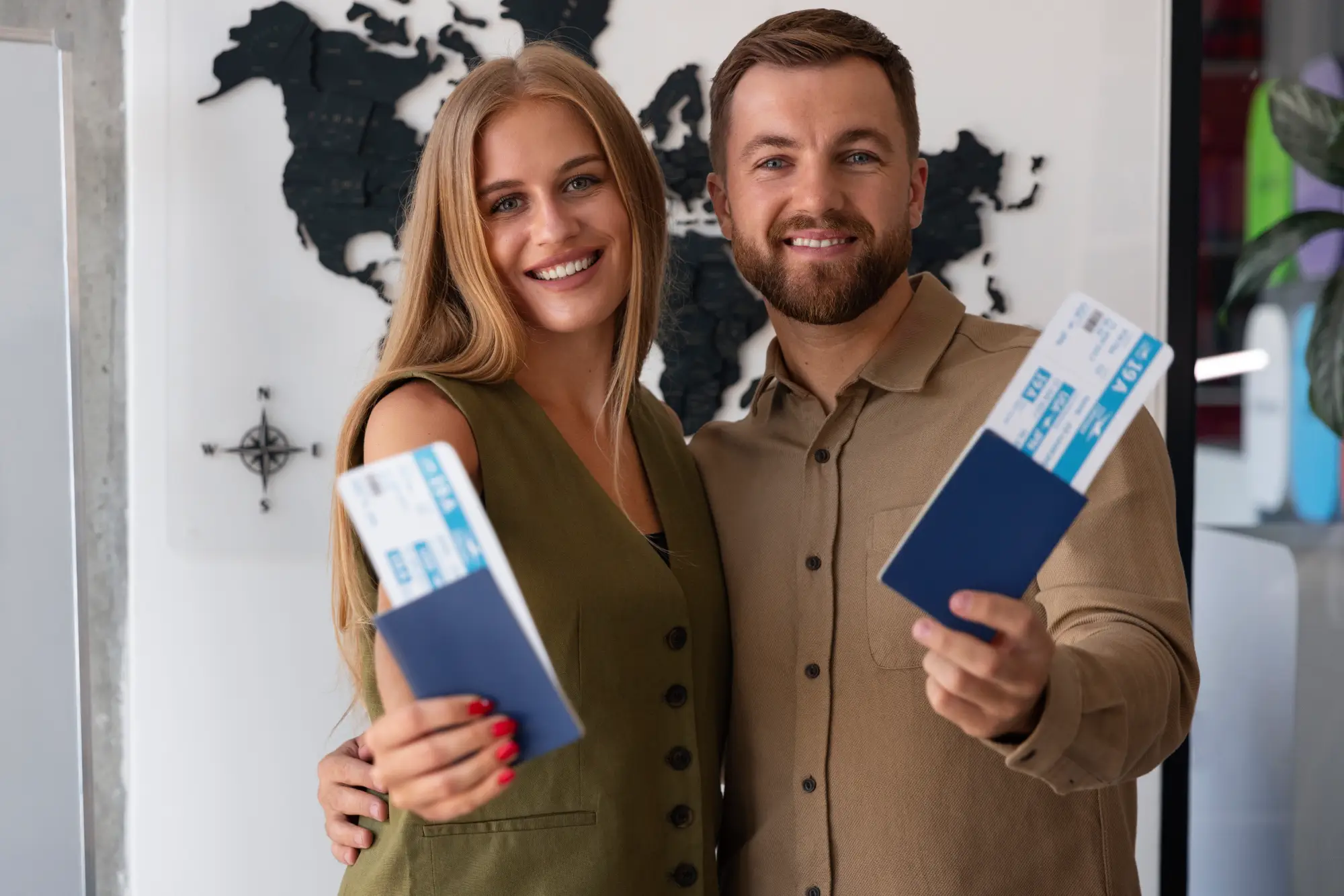 Smiling couple holding passports and flight tickets, representing travel for spousal sponsorship process in Quebec Canada