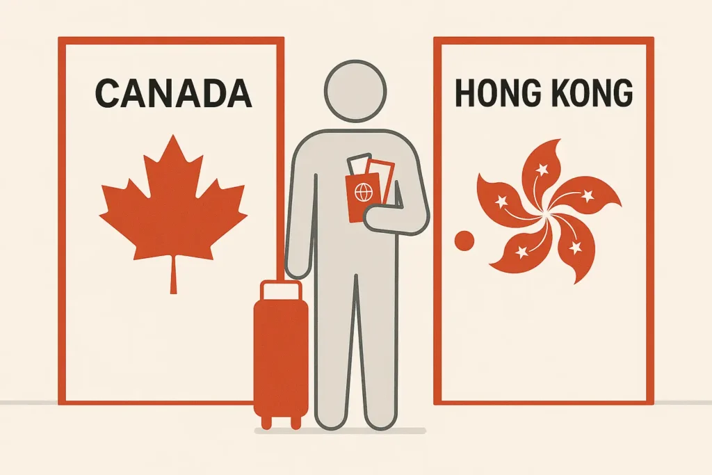 Illustration of a traveler with luggage and passports standing between two doors labeled Canada and Hong Kong, symbolizing immigration pathways.
