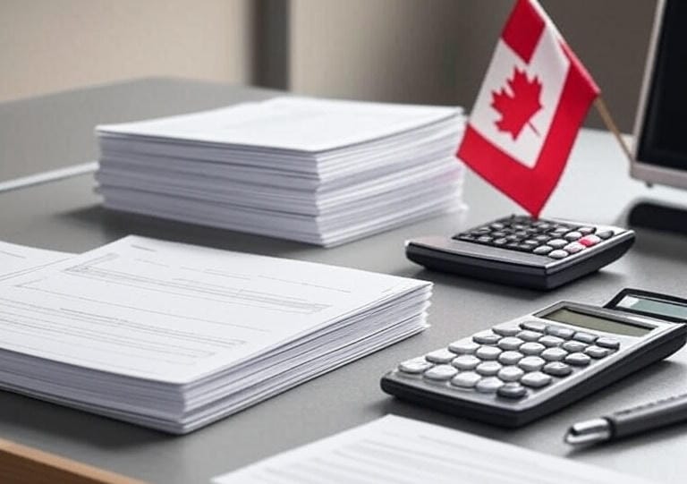 A table with a Canadian flag and some papers.