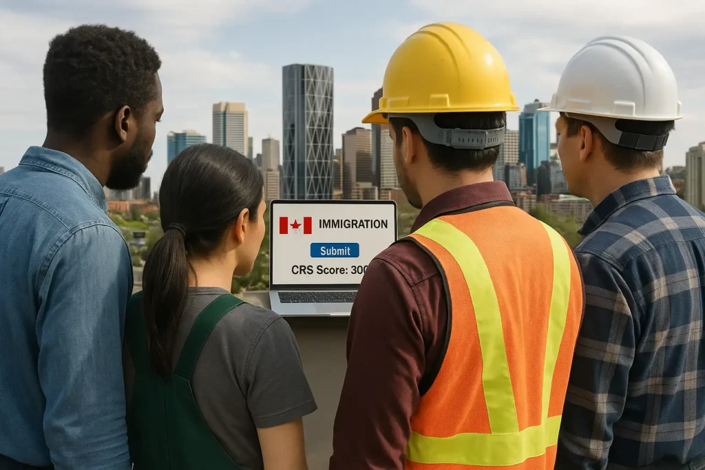 worker see laptop with Alberta Express Entry Stream screen
