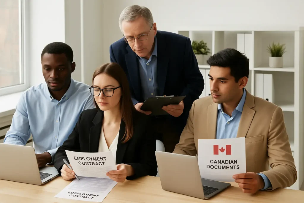 4 person checking PC and paper that wrote about Alberta Opportunity Stream