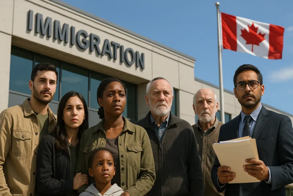 many people are standing in front of a building that related to immigration to canada