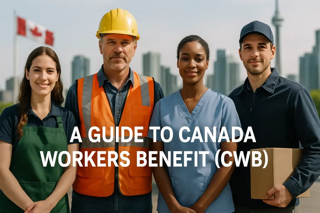 Group of diverse Canadian workers standing together outdoors with city skyline and Canadian flag in the background – representing the Canada Workers Benefit (CWB) program.
