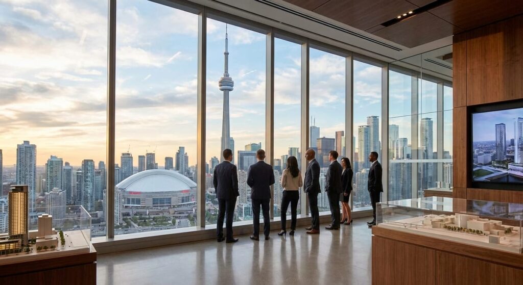 Professionals looking at the Toronto skyline from a modern office window.
