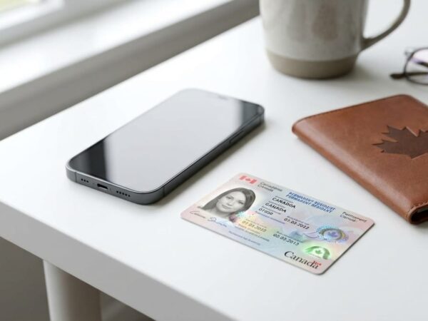 Canadian permanent resident card on a desk