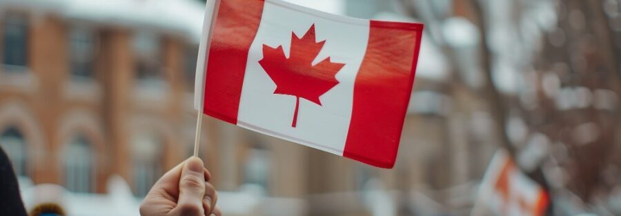Person holding a Canadian flag during a winter public gathering