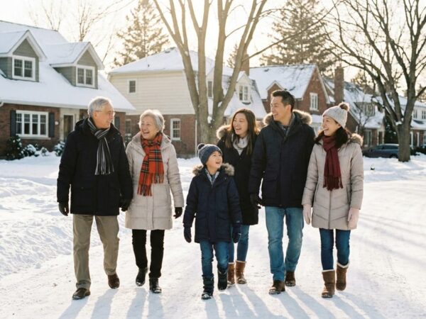 Hong Kong family walking in a snowy Canadian neighborhood