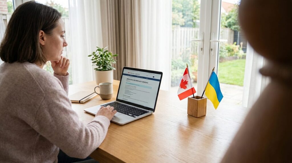 A Ukrainian family arriving at a Canadian airport with luggage