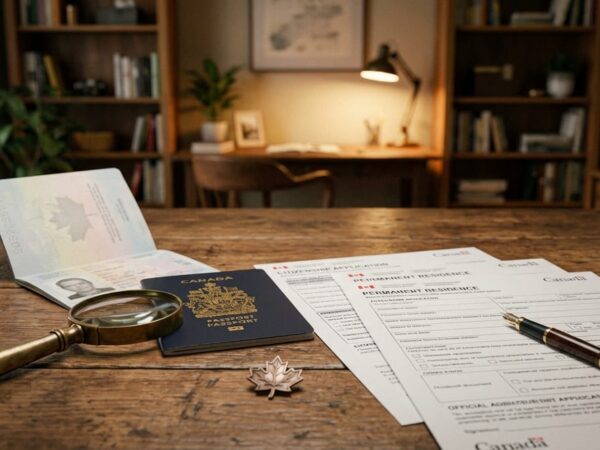 Canadian passport and immigration documents on a wooden desk.