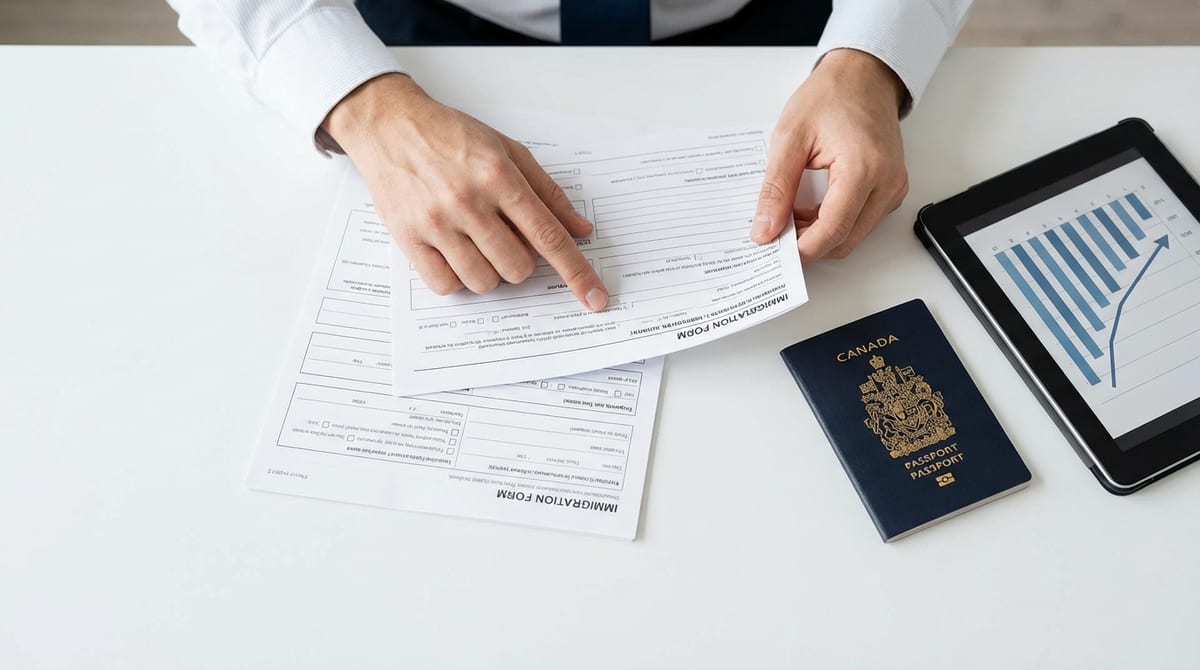 Person reviewing Canadian immigration documents and passport