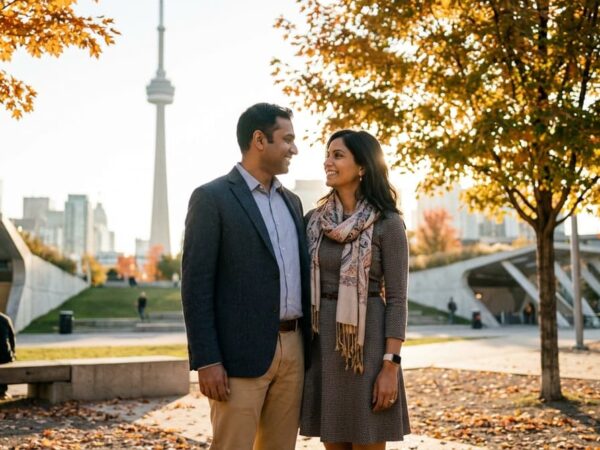 Indian couple smiling in a Toronto park with the CN Tower in the background