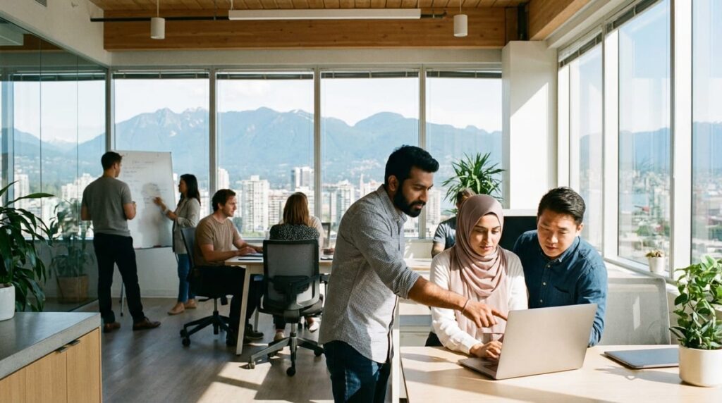 Indian professional working in a modern Vancouver office with mountain views