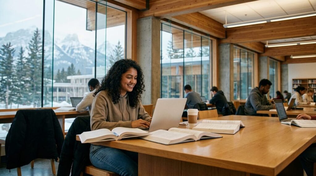 Indian student studying in a modern Canadian university library
