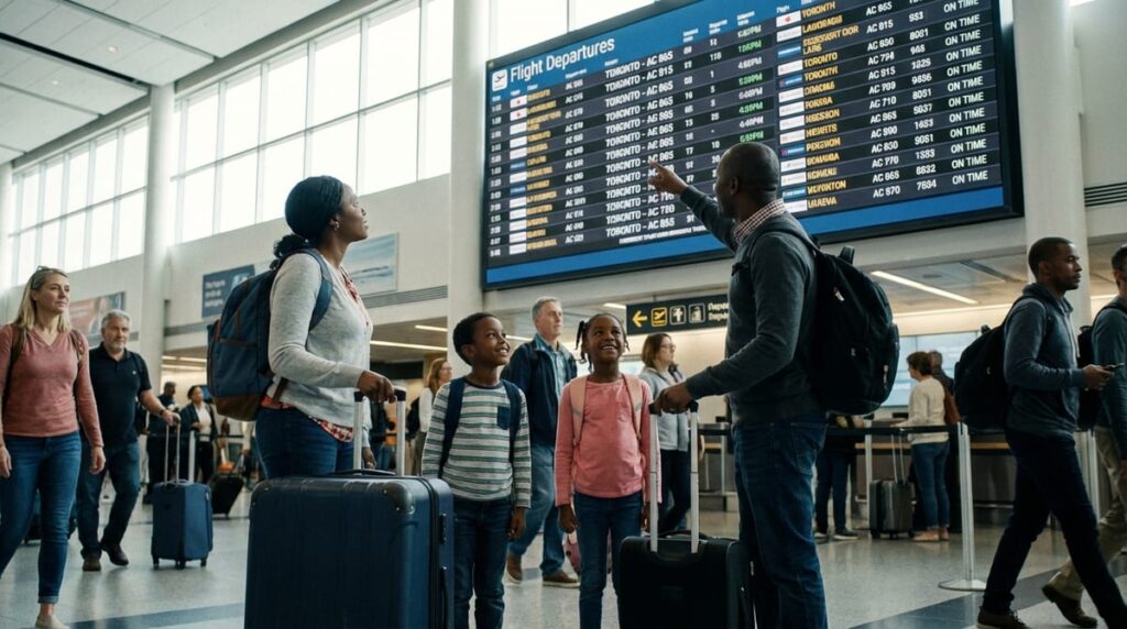 Kenyan family at the airport preparing for a flight to Canada