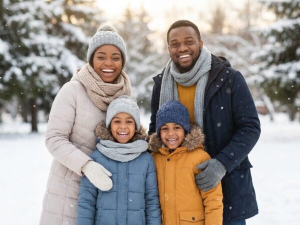 Happy Kenyan family enjoying their first winter in a Canadian park
