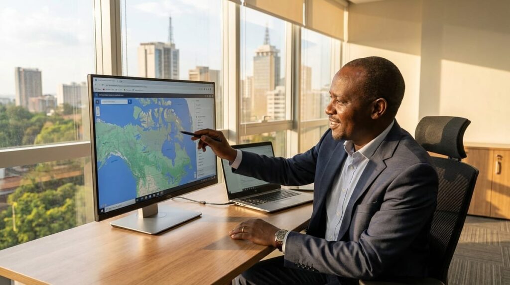 Kenyan professional researching Canadian immigration options in a Nairobi office