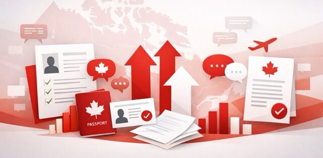 Illustration of Canada’s Express Entry immigration system with a map of Canada, red and white design, immigration documents, and bilingual language symbols.