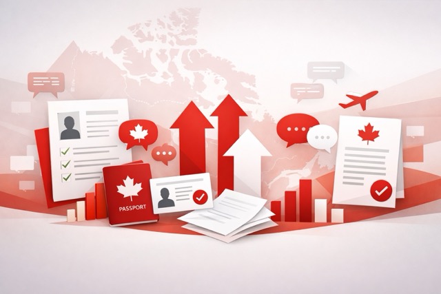 Illustration of Canada’s Express Entry immigration system with a map of Canada, red and white design, immigration documents, and bilingual language symbols.