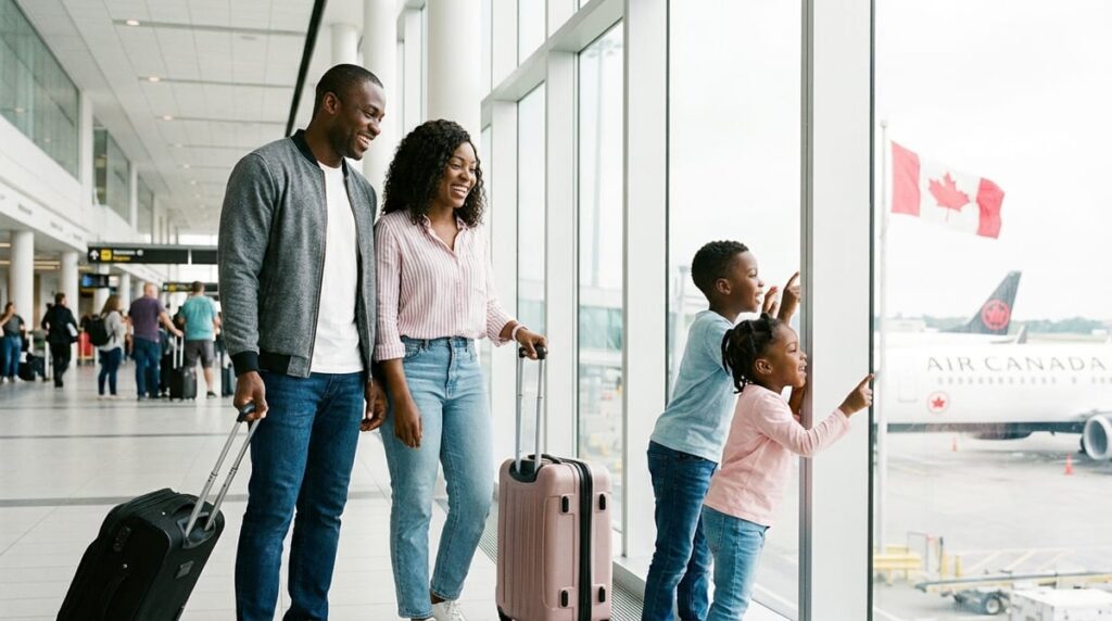 A Nigerian family arriving at a Canadian airport with luggage
