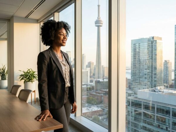 Nigerian professional woman in a Toronto office looking at the skyline
