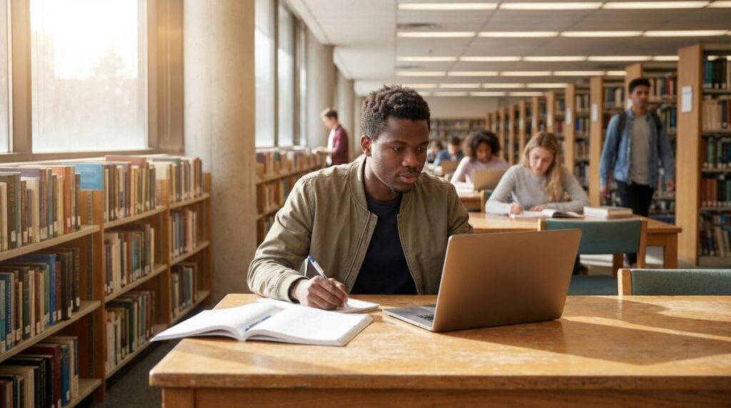 Nigerian student studying in a Canadian university library