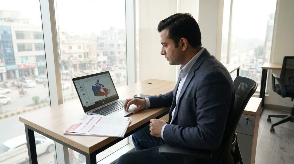 A professional man in Pakistan researching Canadian immigration on his laptop