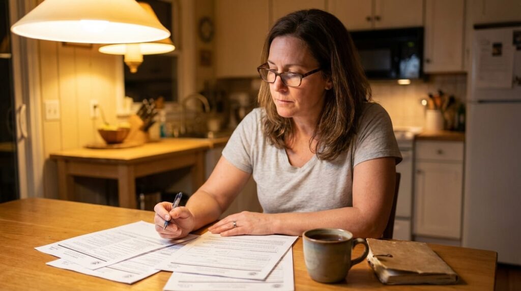 A person reviewing immigration forms at a table.