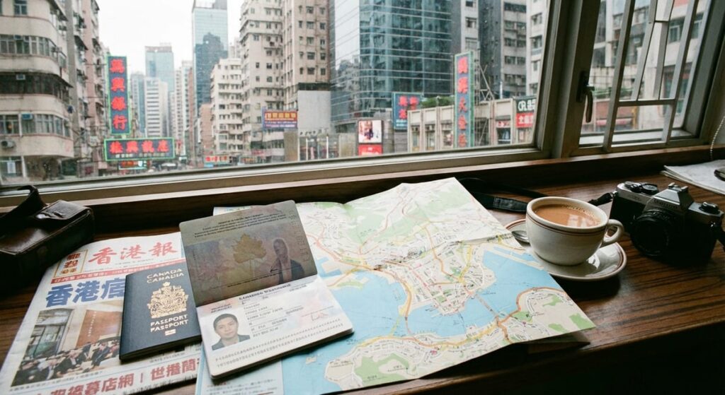 A Canadian passport and map on a desk in Hong Kong