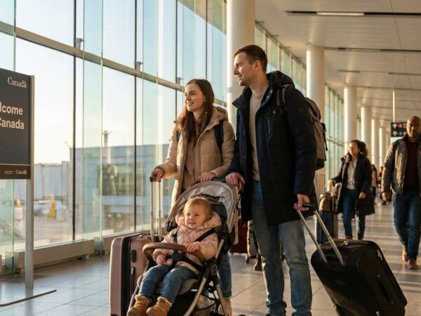 A Ukrainian family arriving at a Canadian airport with luggage
