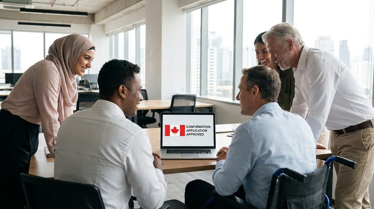 A group of people smiles at a laptop screen showing a successful application confirmation for Canadian immigration.