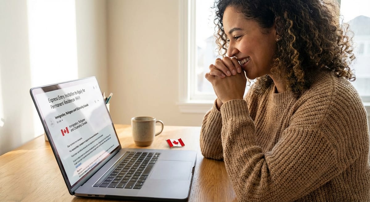 A person smiling at their laptop after receiving an invitation to apply for Canadian permanent residence through Express Entry.