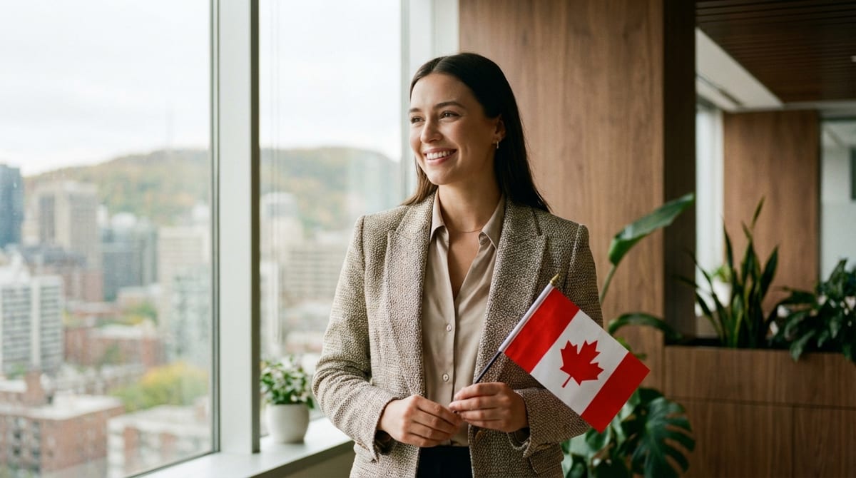 bilingual professional holding a canadian flag in 1773861675733
