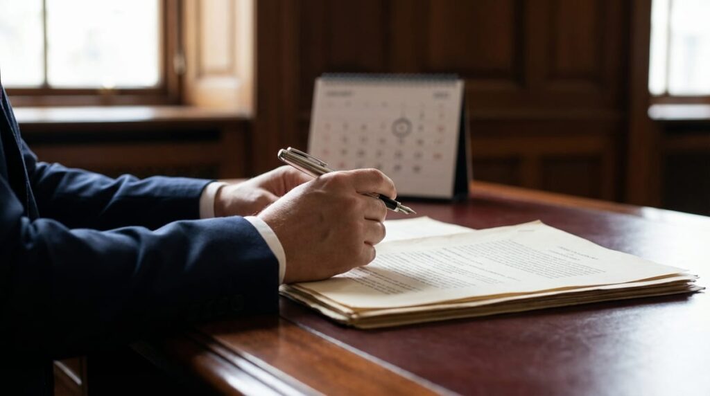 Close-up of a legal professional's hands reviewing documents at a desk, with a calendar in the blurred background.