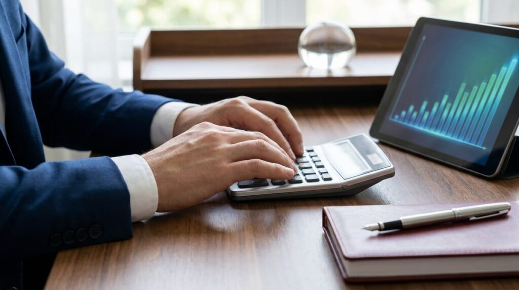 Close-up of professional hands using a calculator beside a tablet showing abstract charts on a modern office desk.