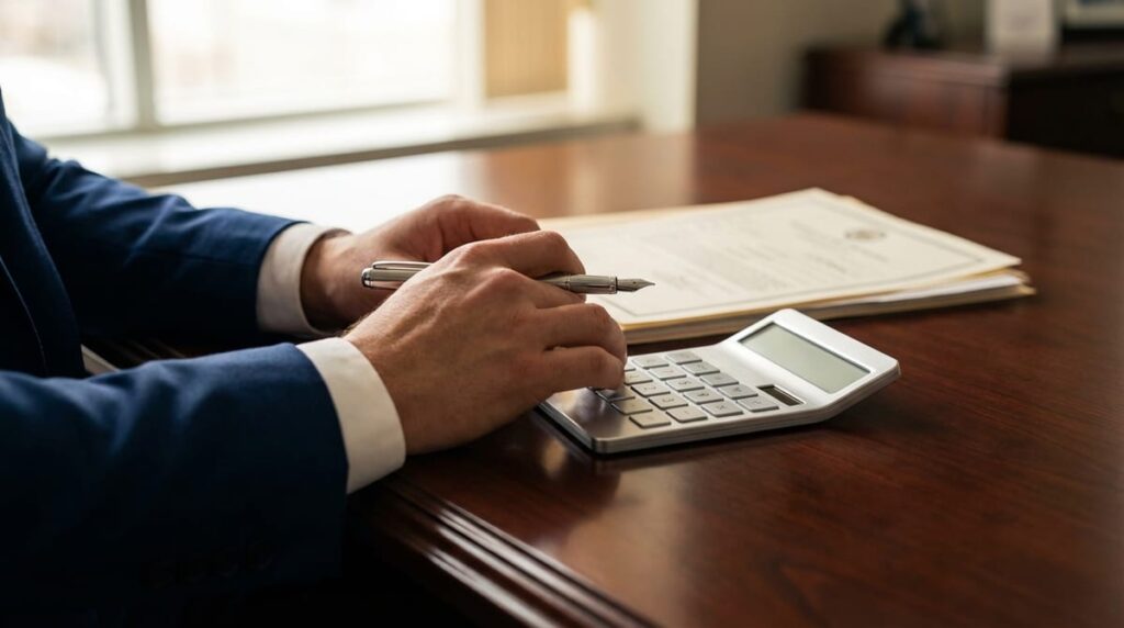 Professional hands reviewing a legal fee agreement on a polished desk with a fountain pen and a desk clock in the background.
