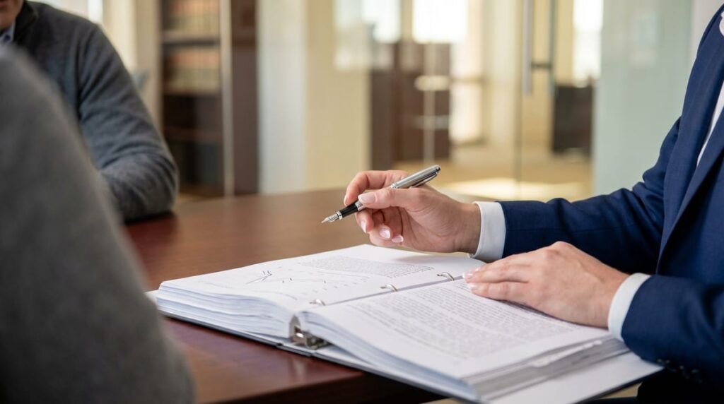 Hands of a lawyer in a navy suit reviewing a thick legal dossier on a polished desk, showing premium legal expertise.